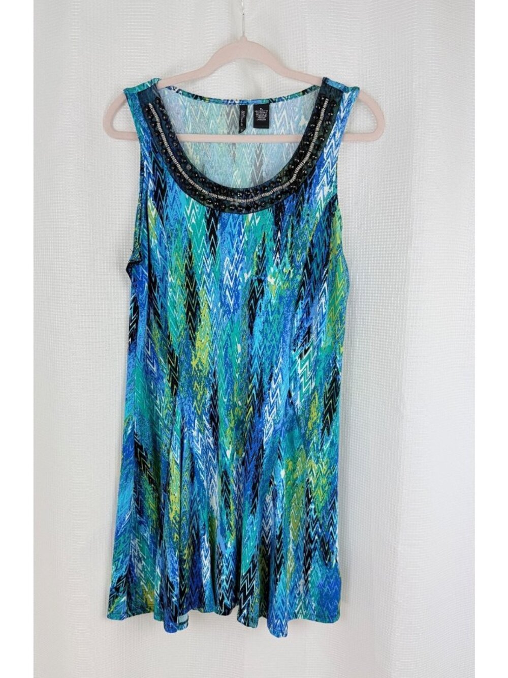 New Directions Womens Petite Large Blue Chevron Embellished Scoop Neckline Dress